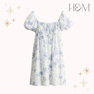 H&M Blue Floral Puff-Sleeved Babydoll Dress Size M